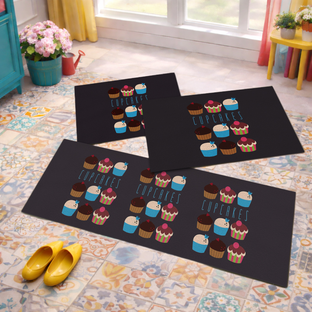 Jogo de Tapete de Cozinha, Cupecake Preto - 3 Pças