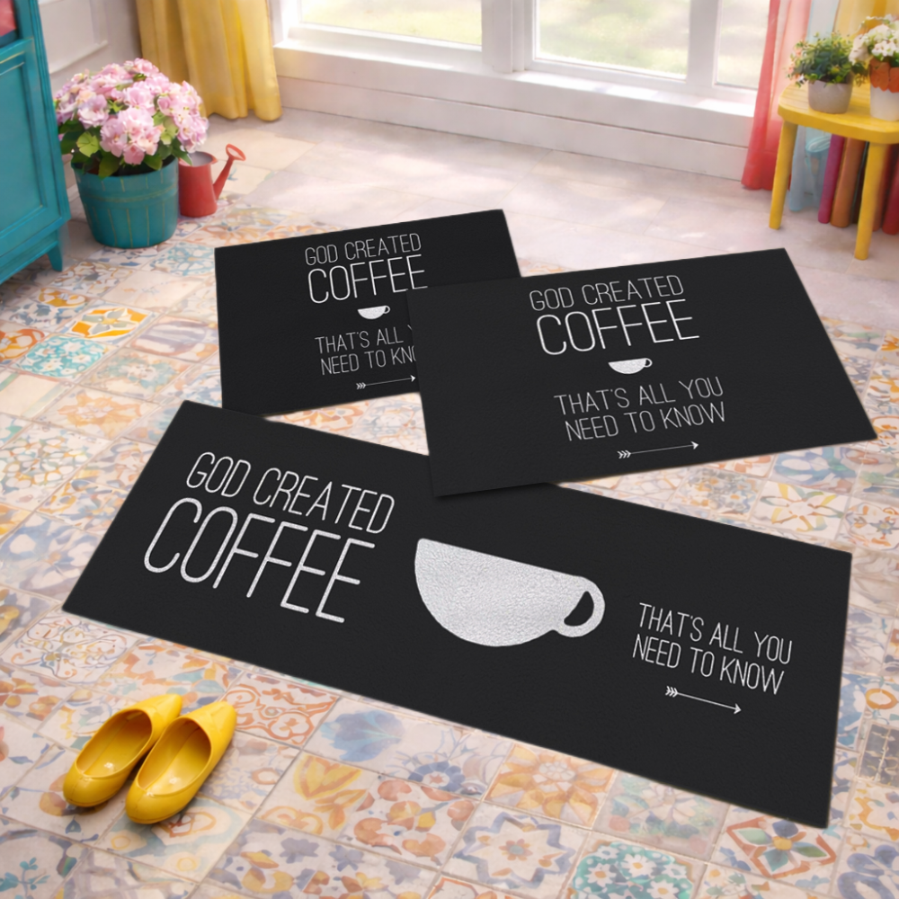 Jogo de Tapete de Cozinha, Coffee Preto - 3 Pças
