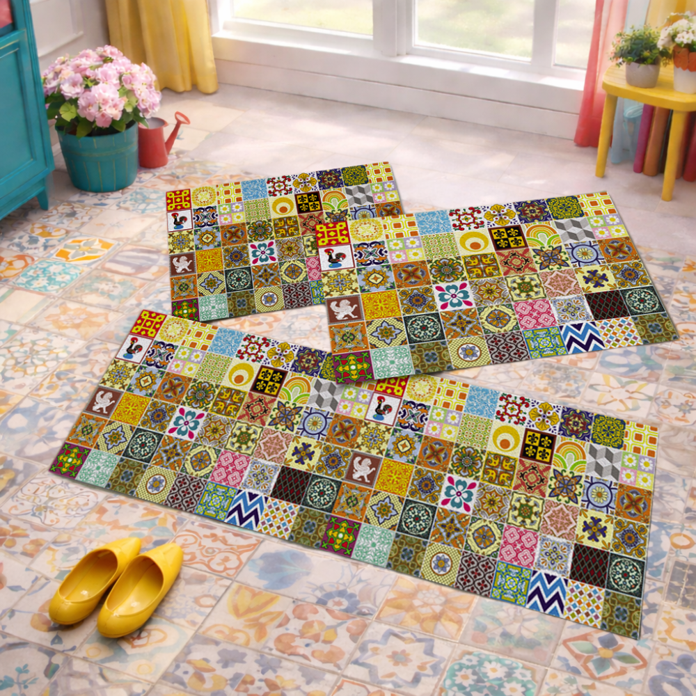 Jogo de Tapete de Cozinha, Ladrilho Português - 3 Pças