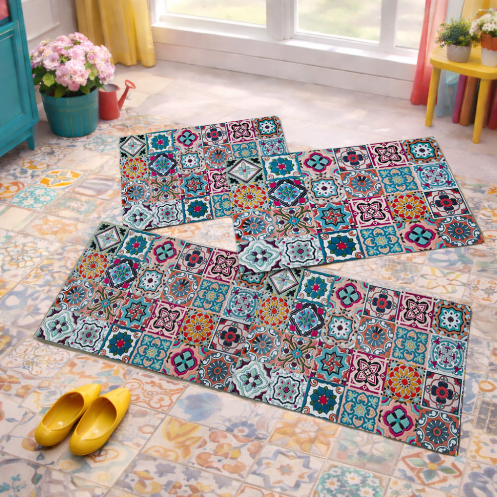 Jogo de Tapete de Cozinha, Ladrilho Roxo - 3 Pças