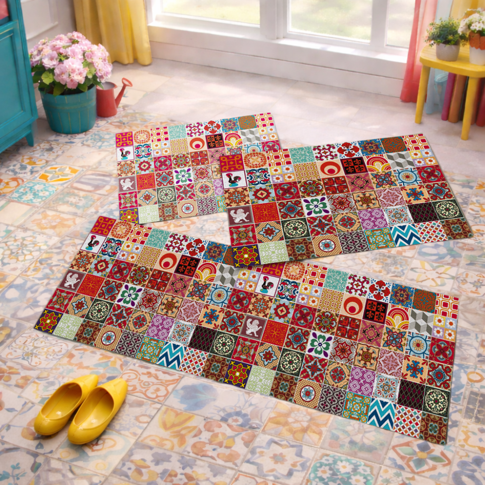 Jogo de Tapete de Cozinha, Ladrilho Vermelho - 3 Pças