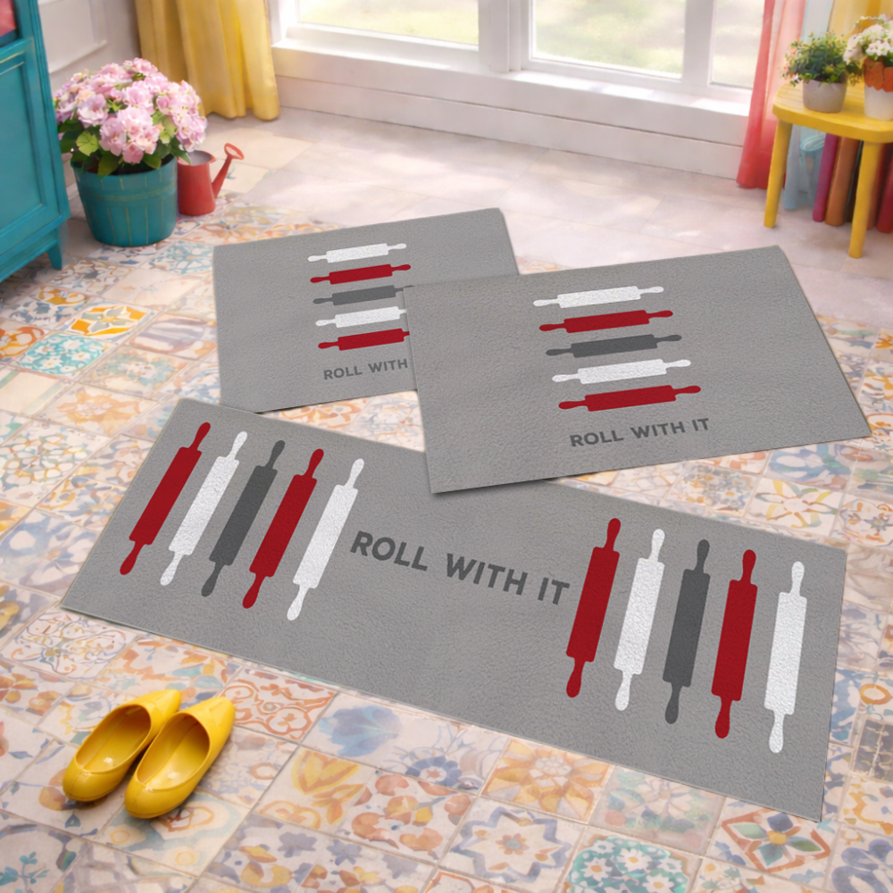 Jogo de Tapete de Cozinha, Roll With Cinza - 3 Pças