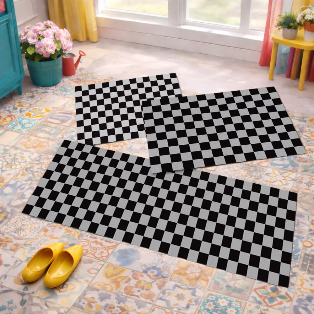 Jogo de Tapete de Cozinha, Xadrez - 3 Pças